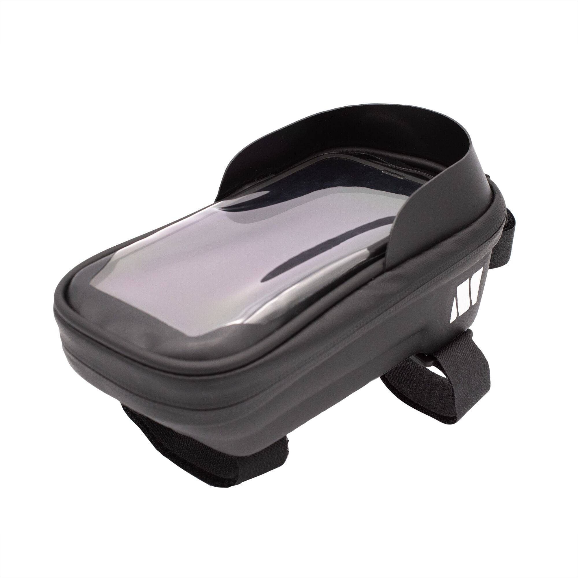 Black M Part top tube phone bag with reflective detail, bike frame holder for easy access and secure storage of smartphone.