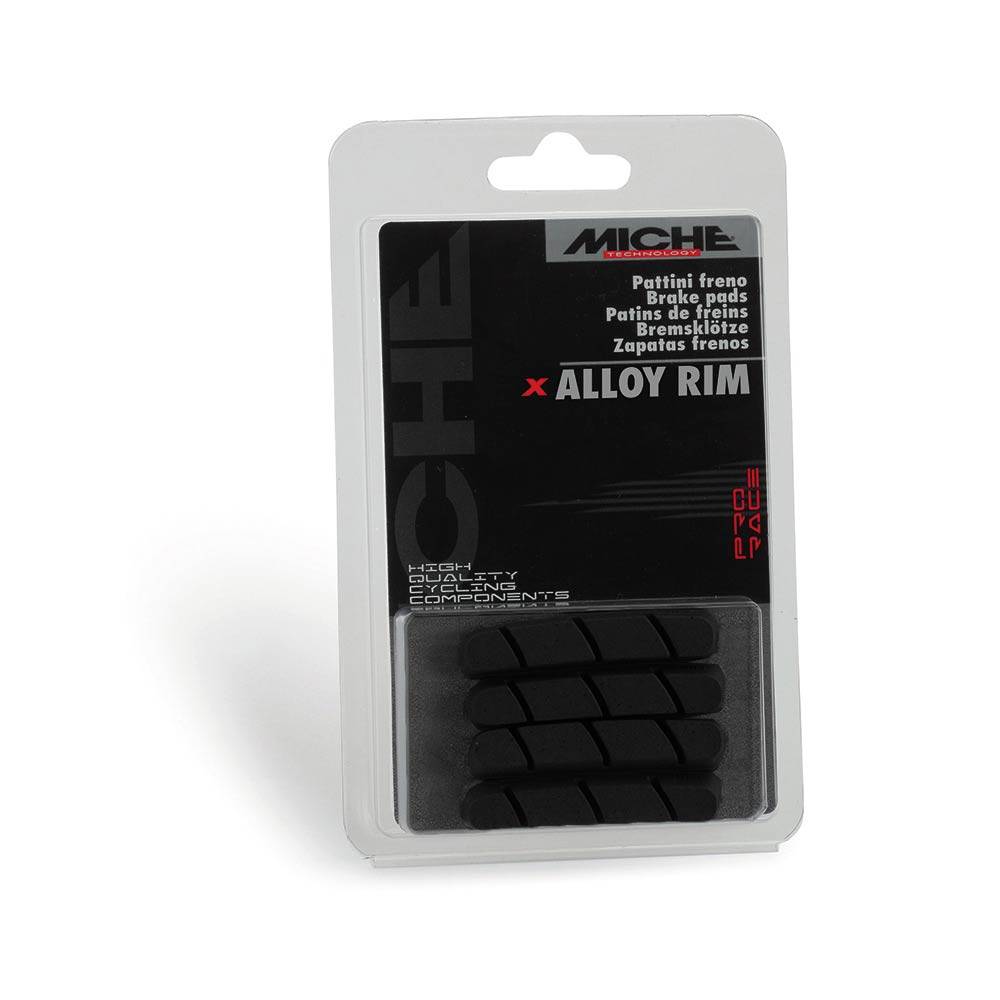 Miche brake pads for Shimano and Campagnolo calipers, alloy and carbon rim options, shown on bicycle components.