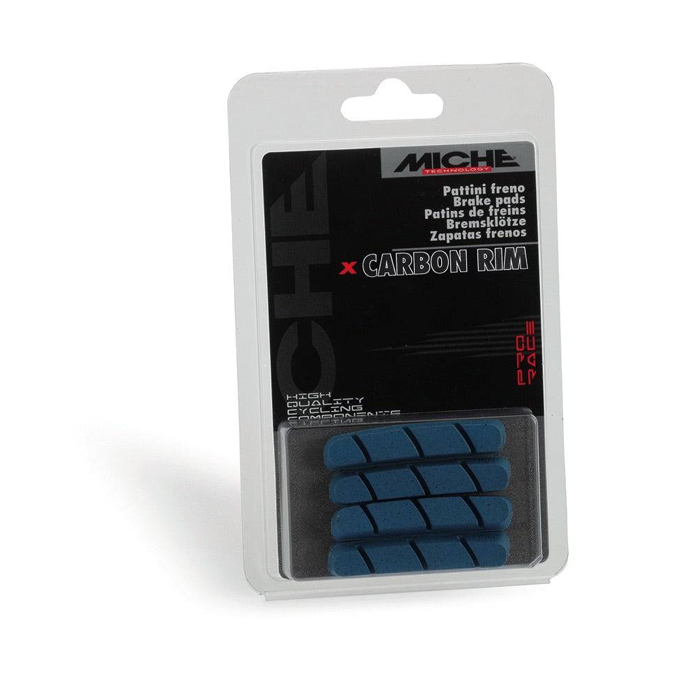 Miche brake pads for Shimano and Campagnolo pre-2010 calipers, alloy and carbon rim options, shown with brake components.
