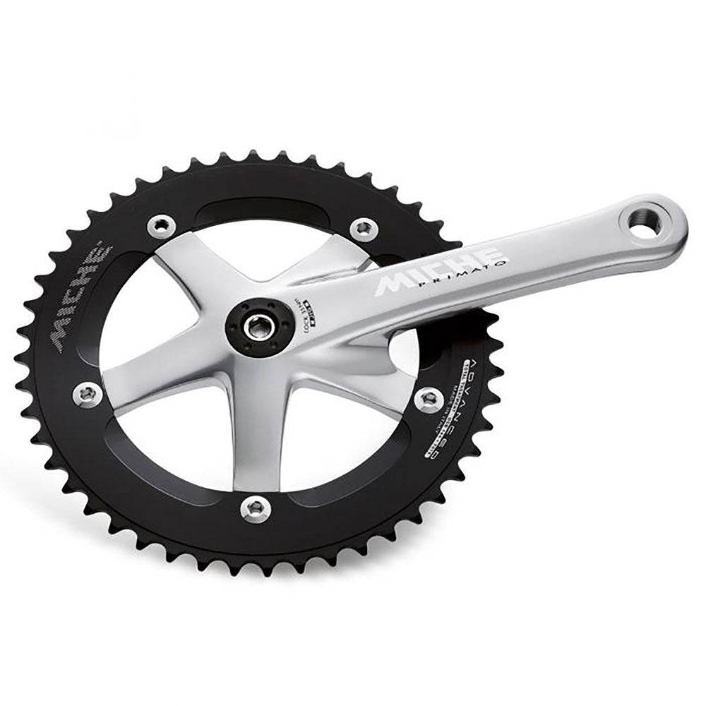 Miche Primato Advanced Track Chainset cranks for track cycling, showcasing sleek black components with chainrings and crank arms.