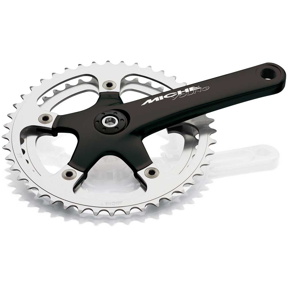 Miche Young Chainset Cranks for road cycling, featuring 116mm BCD compatibility, black alloy components with chainring attachment points.