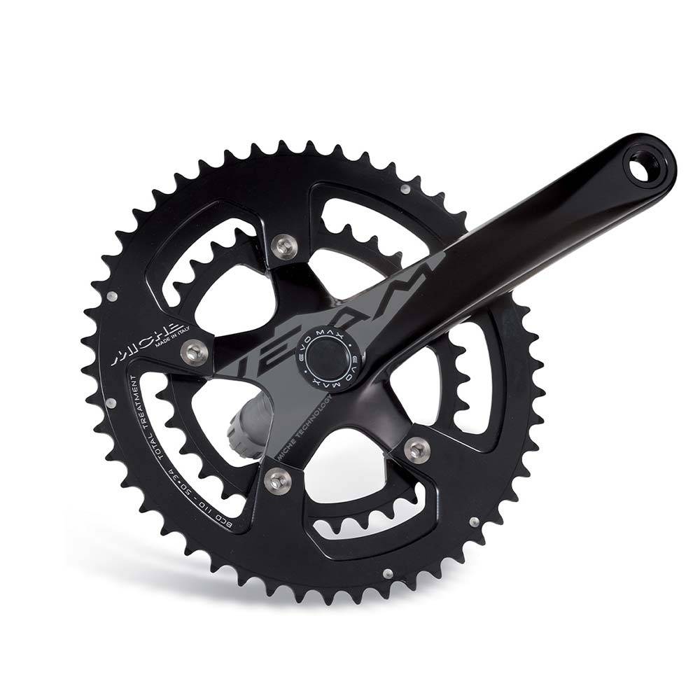 Miche Team Evo Max 10X lightweight forged alloy road crankset with chainrings, designed for high-performance cycling components.