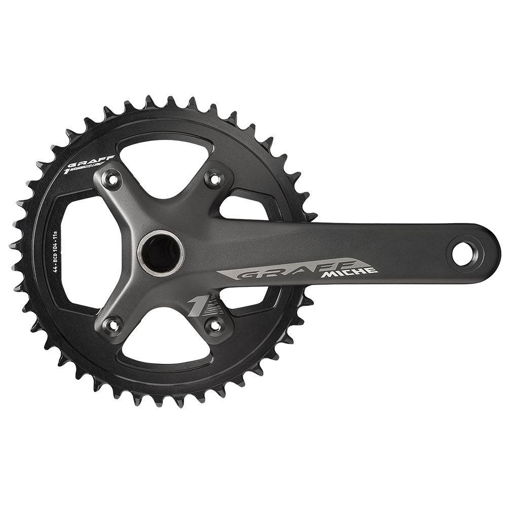 Miche Graff One Chainset Cranks for gravel bikes, 11/12-speed compatible, black aluminum components with chainring and crank arms.