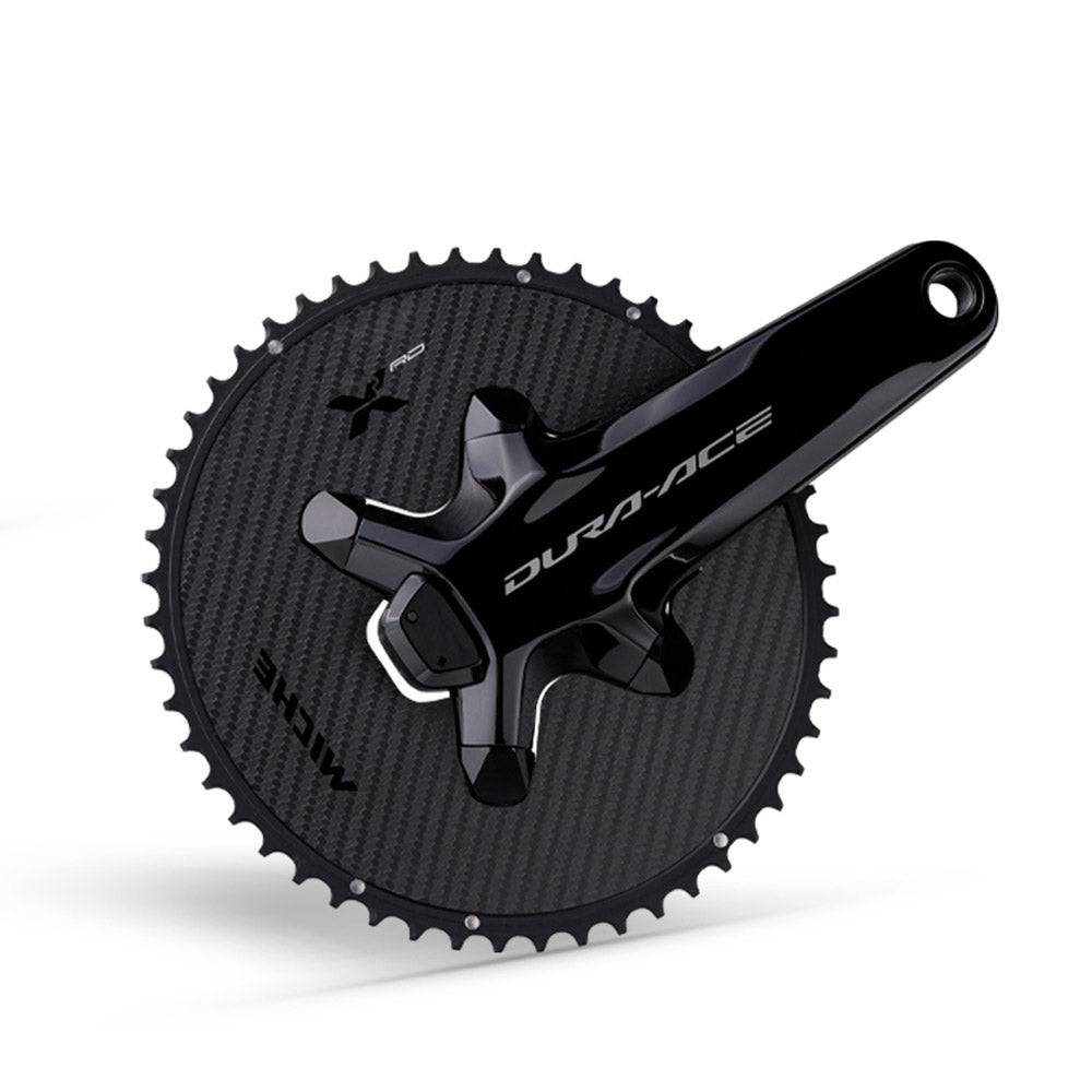 Miche X2 RD R92 chainring for Dura Ace drivetrain, close-up of silver bicycle component with engraved branding and gear teeth.
