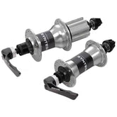 Miche Primato Syntesi Silver hub pair for Campagnolo and Shimano drivetrains, showing bike wheel components with silver finish.