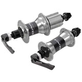 Miche Primato Syntesi Silver hub pair for Campagnolo and Shimano bike drivetrains, showcasing sleek silver components.