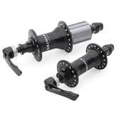 Miche Primato Syntesi Road hubs showing durable aluminum body and quick-release skewer, compatible with Campagnolo and Shimano components.
