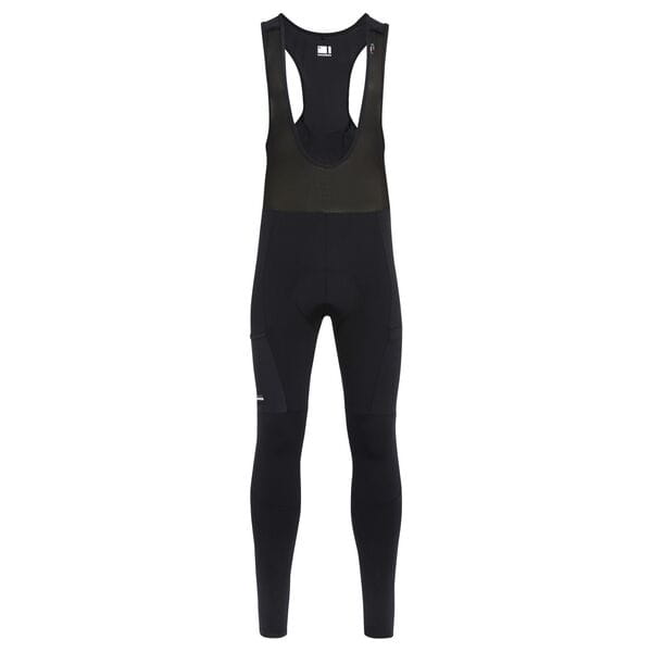 Madison Roam men's DWR water-repellent cargo bib tights with multiple pockets, designed for outdoor activities and cold weather.