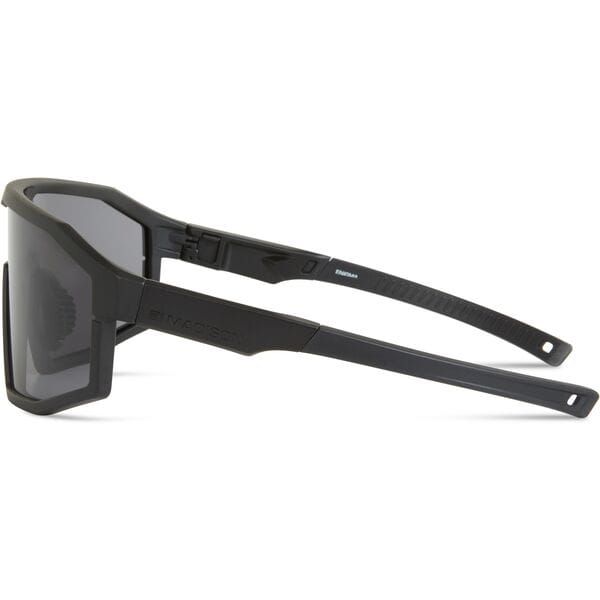 Madison Eyewear Enigma matte black sunglasses with three lenses: black mirror, amber, and clear, showcasing versatile eyewear styles.