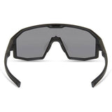 Madison Eyewear Enigma matte black sunglasses with three lenses: black mirror, amber, and clear, showcasing versatile eyewear design.