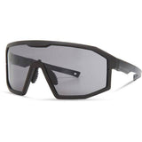 Madison Eyewear Enigma matte black sunglasses with three lenses: black mirror, amber, and clear for versatile style.