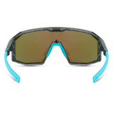 Madison Eyewear Enigma sunglasses with three lenses, featuring blue black splatter, purple mirror, and amber clear options.
