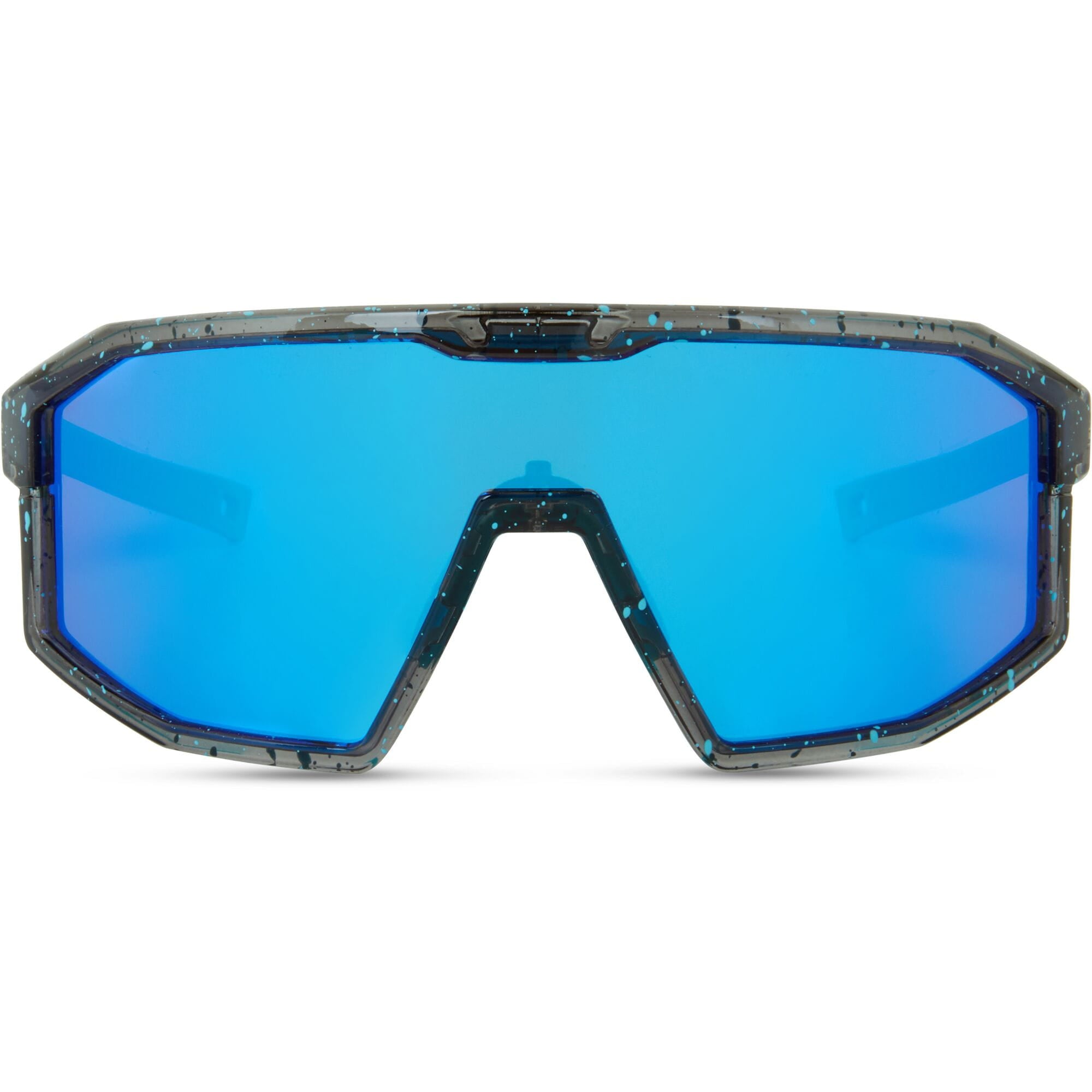 Madison Eyewear Enigma sunglasses 3-pack with blue black splatter, purple mirror, amber, and clear lenses on a display.
