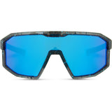 Madison Eyewear Enigma sunglasses 3-pack with blue black splatter, purple mirror, amber, and clear lenses on a display.