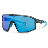 Madison Eyewear Enigma sunglasses with three lenses, blue black splatter, purple mirror, and amber clear options.
