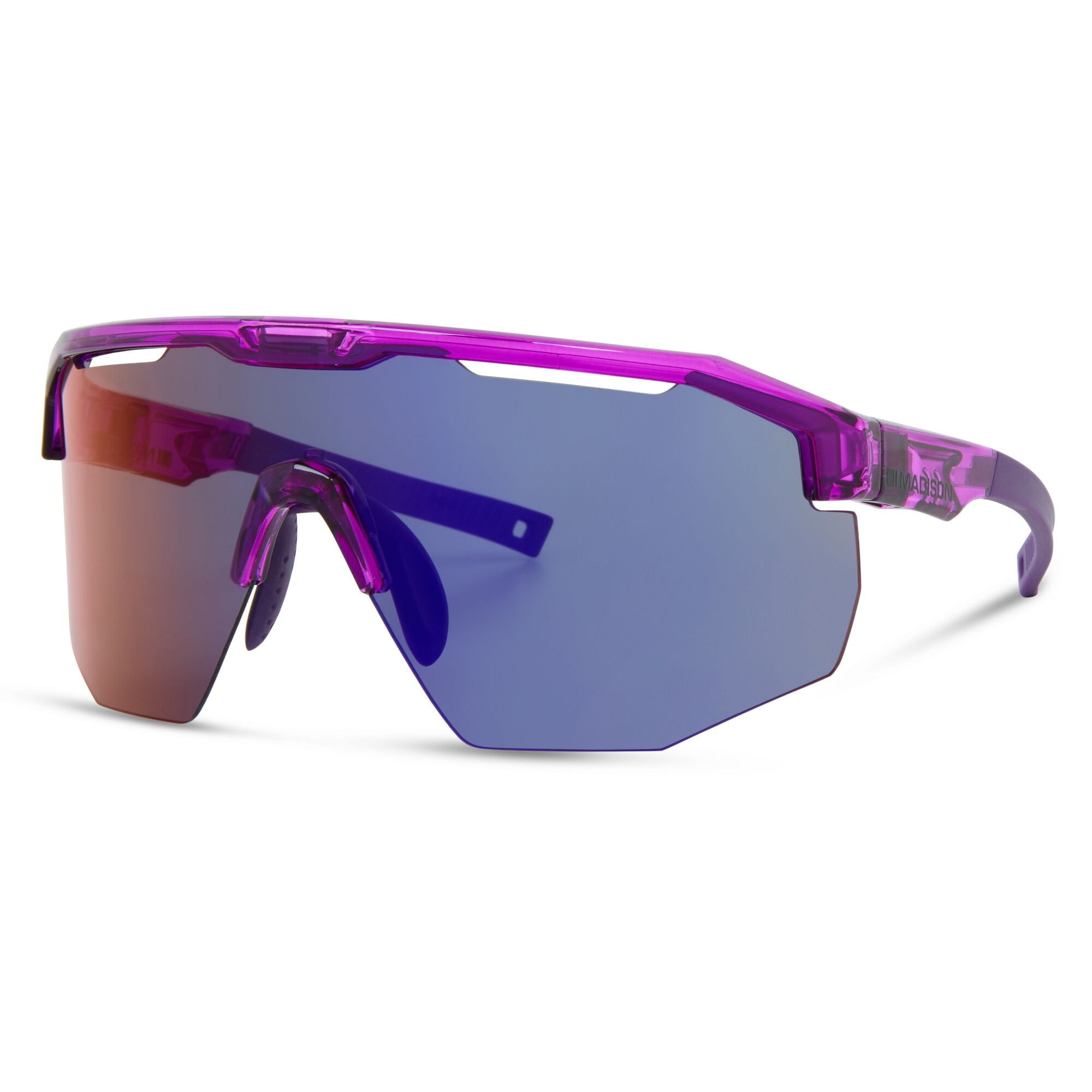 Madison Eyewear Cipher Crystal Gloss purple sunglasses with purple mirror lenses, stylish eyewear for a bold look.