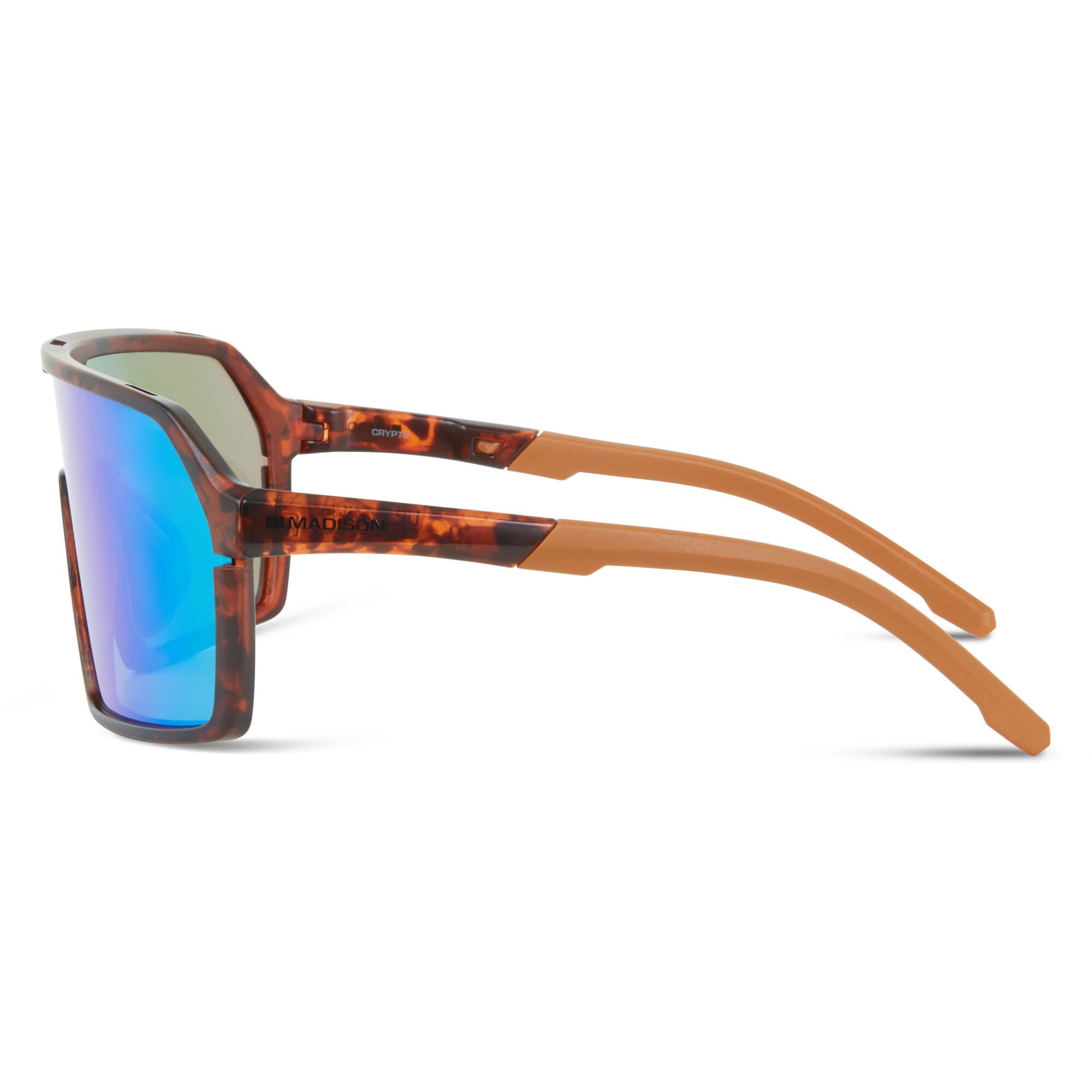 Madison Eyewear Crypto dark tortoiseshell sunglasses with three lenses—green mirror, amber, and clear, featuring stylish frame design.