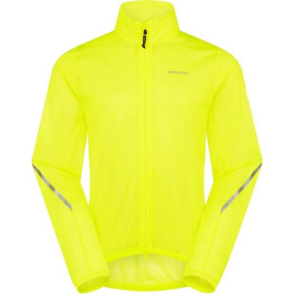 Madison Flux 2L waterproof jacket with reflective inserts and stretch fabric, shown in a packable, lightweight outdoor clothing style.