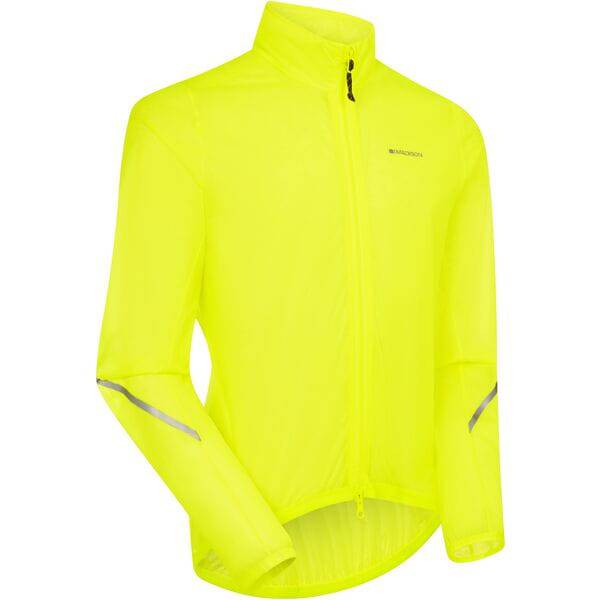 Madison Flux 2L ultra-packable waterproof jacket with reflective inserts and stretch fabric, shown folded with hood and reflective details.