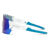 Madison Eyewear Stealth gloss white cycling sunglasses with blue mirror lenses, sporty eyewear for outdoor activities.