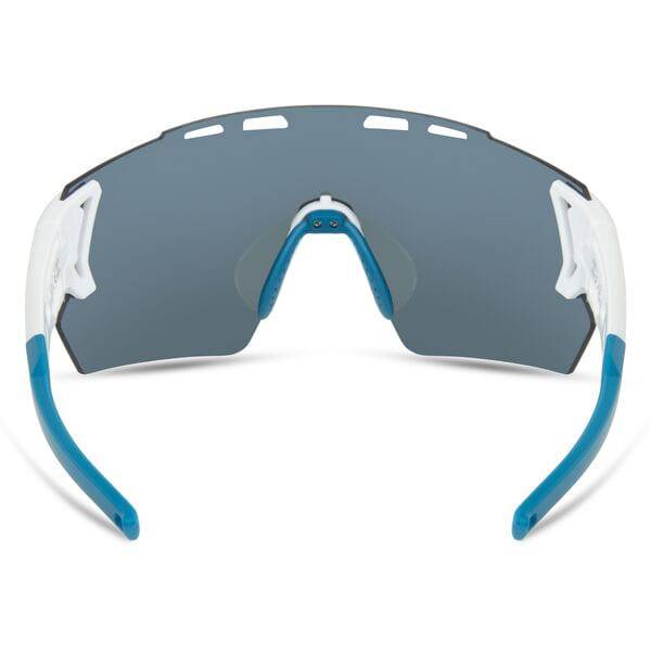 Madison Eyewear Stealth Gloss White cycling sunglasses with blue mirror lenses, lightweight sports eyewear for outdoor riding.