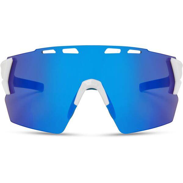 Madison Eyewear Stealth Gloss White cycling sunglasses with blue mirror lenses, lightweight and sporty for outdoor cycling.