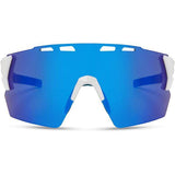 Madison Eyewear Stealth Gloss White cycling sunglasses with blue mirror lenses, lightweight and sporty for outdoor cycling.
