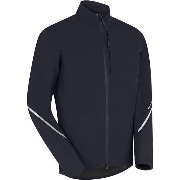 Madison men's waterproof cycling jacket with reflective safety features, shown in black with a hood and zip front design.