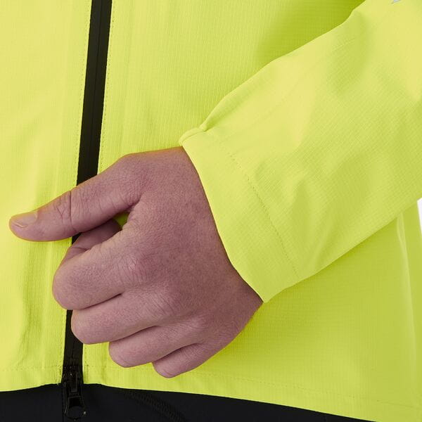 Madison men's waterproof cycling jacket with reflective safety inserts, showing the jacket's front view and reflective details.