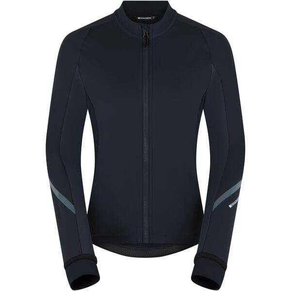 Madison DTE Women's Thermal Long Sleeve Cycling Jacket with DWR coating, shown in black, designed for cold weather cycling.