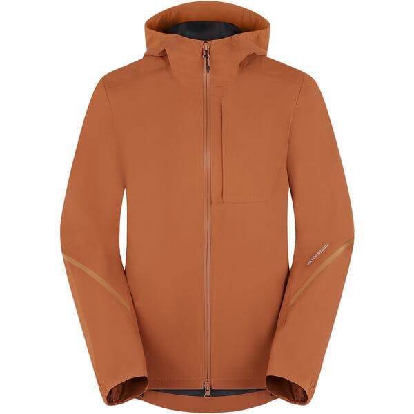 Madison Roam women's waterproof 2-layer jacket with packable hood and reflective details, suitable for outdoor weather protection.