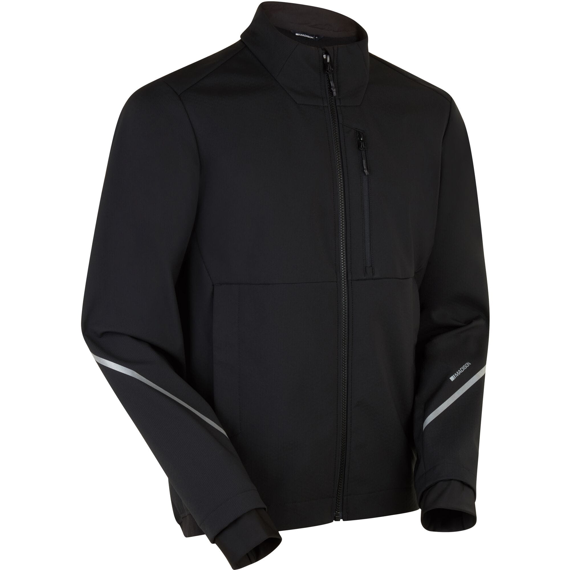 Madison DTE Workshop men's softshell cycling and work jacket with 3-layer insulation, black, showing front view and zipper details.