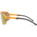 Madison Eyewear Crypto Air Mango Orange sunglasses with three lenses, including fire mirror and amber clear options, shown on a model.
