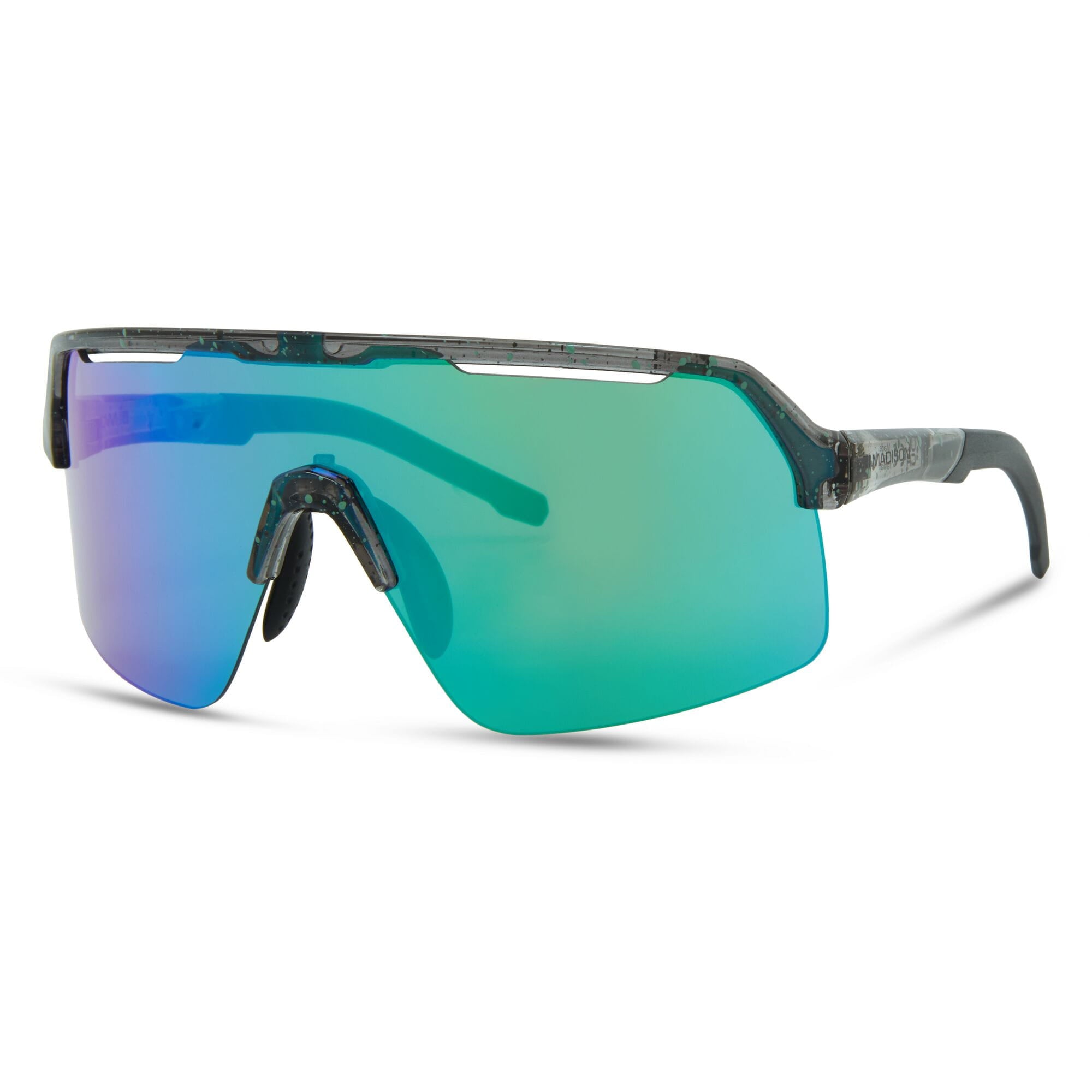 Madison Eyewear Crypto Air Gloss Smoke Green Splatter sunglasses with three lenses in green, amber, and clear, stacked in a pack.