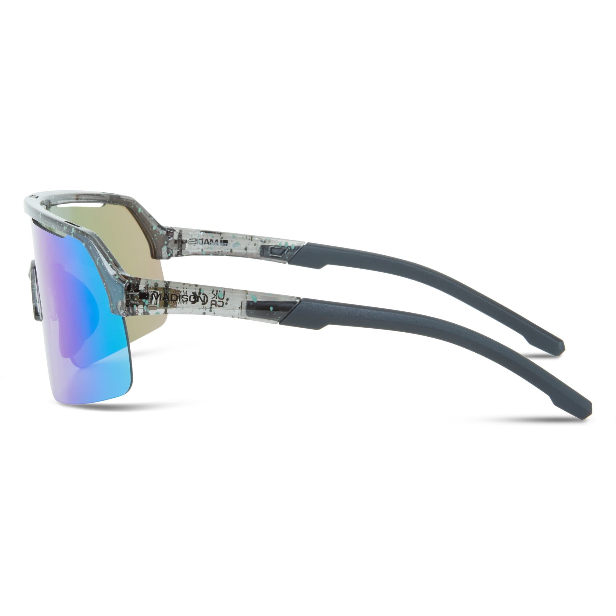Madison Eyewear Crypto Air Gloss Smoke Green Splatter sunglasses with three lenses in green, amber, and clear, showcasing stylish eyewear.