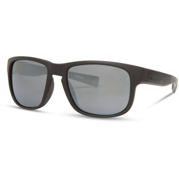 Madison Eyewear Signal Matt Black sunglasses with three polarized lenses: silver mirror, bronze, and yellow, shown on a model.