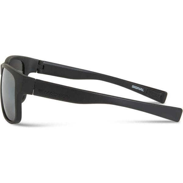 Madison Eyewear Signal matte black sunglasses with three polarized lenses: silver mirror, bronze, and yellow, displayed on a white background.