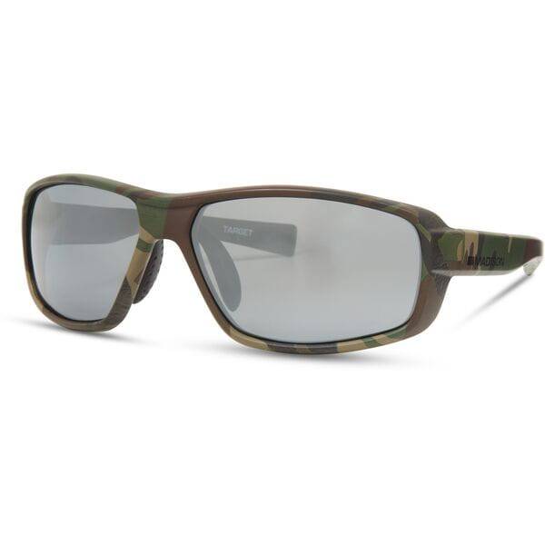 Madison Eyewear Target Camo polarized sunglasses with three lens options, silver mirror, bronze, and yellow, featuring a stylish camouflage design.