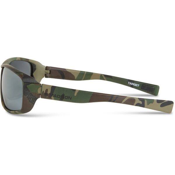 Madison Eyewear Target Camo Polarized Sunglasses with silver mirror, bronze, and yellow lenses in a 3-pack, featuring camouflage design.
