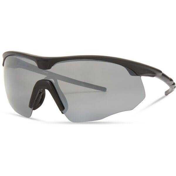 Madison Eyewear Shields matte black sunglasses with three polarized lenses: silver mirror, bronze, and yellow.