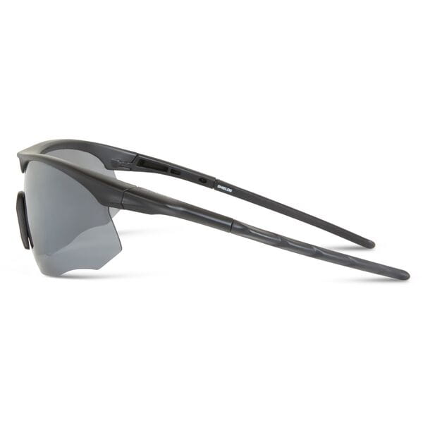 Madison Eyewear Shields matte black sunglasses with three polarized lenses in silver mirror, bronze, and yellow.
