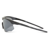 Madison Eyewear Shields matte black sunglasses with three polarized lenses in silver mirror, bronze, and yellow.