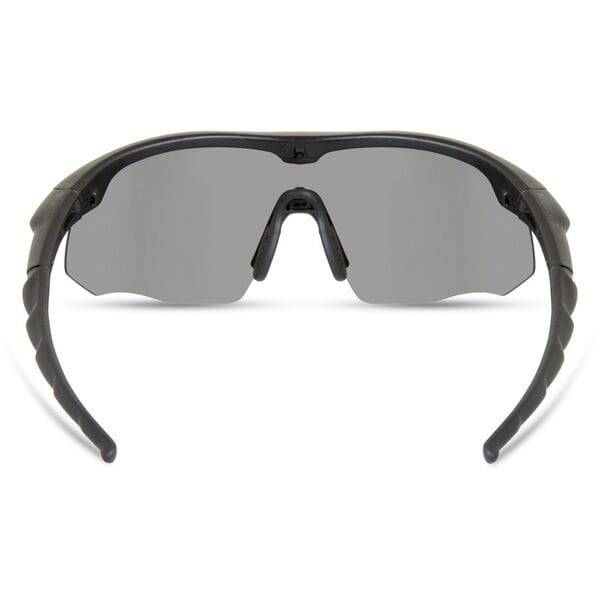 Madison Eyewear Shields matte black sunglasses with three polarized lenses: silver mirror, bronze, and yellow.