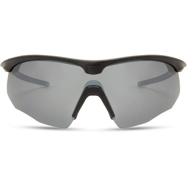 Madison Eyewear Shields matte black sunglasses with three polarized lenses in silver mirror, bronze, and yellow.
