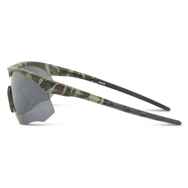 Madison Eyewear Shields green camo sunglasses with silver mirror, bronze, and yellow polarized lenses, stylish outdoor eyewear.
