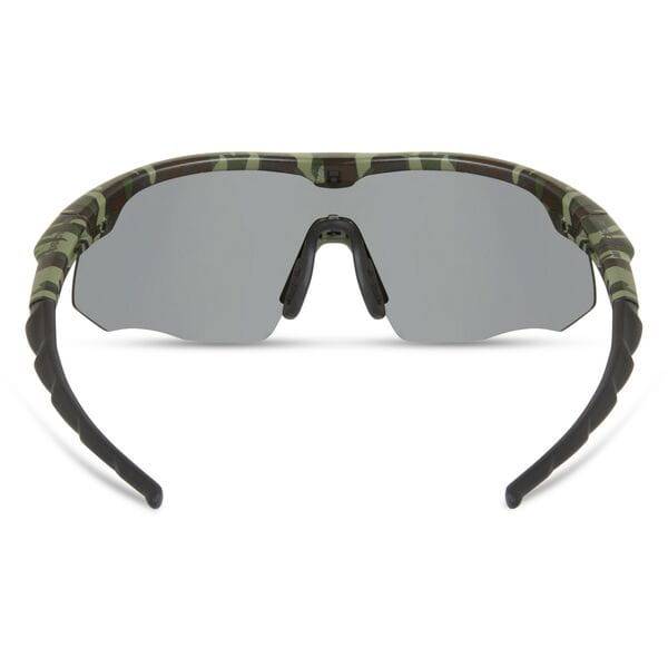 Madison Eyewear Shields green camo sunglasses with three polarized lenses in silver mirror, bronze, and yellow, showcasing stylish eyewear.