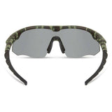Madison Eyewear Shields green camo sunglasses with three polarized lenses in silver mirror, bronze, and yellow, showcasing stylish eyewear.
