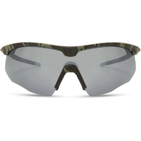 Madison Eyewear Shields green camo sunglasses with three polarized lenses: silver mirror, bronze, and yellow.
