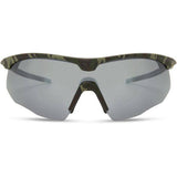Madison Eyewear Shields green camo sunglasses with three polarized lenses: silver mirror, bronze, and yellow.