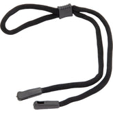 Madison Eyewear black lanyard for securing sports and outdoor eyewear, shown attached to glasses.